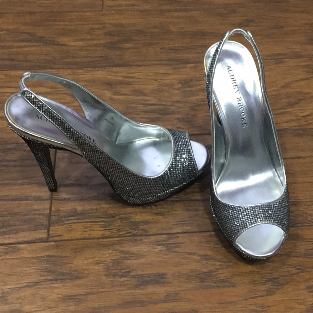 Audrey Brooke silver open toe heels. Brand new